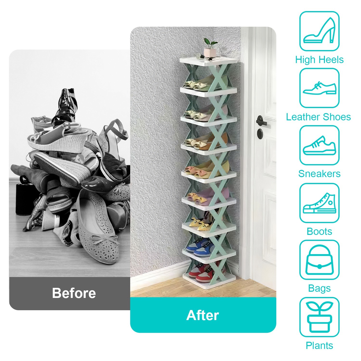 1Pc 9Tier Narrow Entryway Shoe Rack Plastic Vertical Shoe Organizer Space Saving Free Standing Shoes Storage Shelf Closet Hallway - Image 4