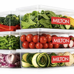 MILTON Cryo Fridge Storage Boxes Set of 6 Fridge Organizer Container with Waterproof Vinyl Stickers & Removable Drain Plate, Lid, Stackable Box, Plastic Containers 1500 ml, Transparent