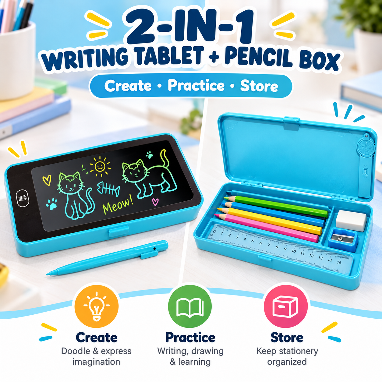 2-in-1 LCD Writing Tablet Pencil Box for Kids – Reusable Doodle Pad with Stylus - Image 2