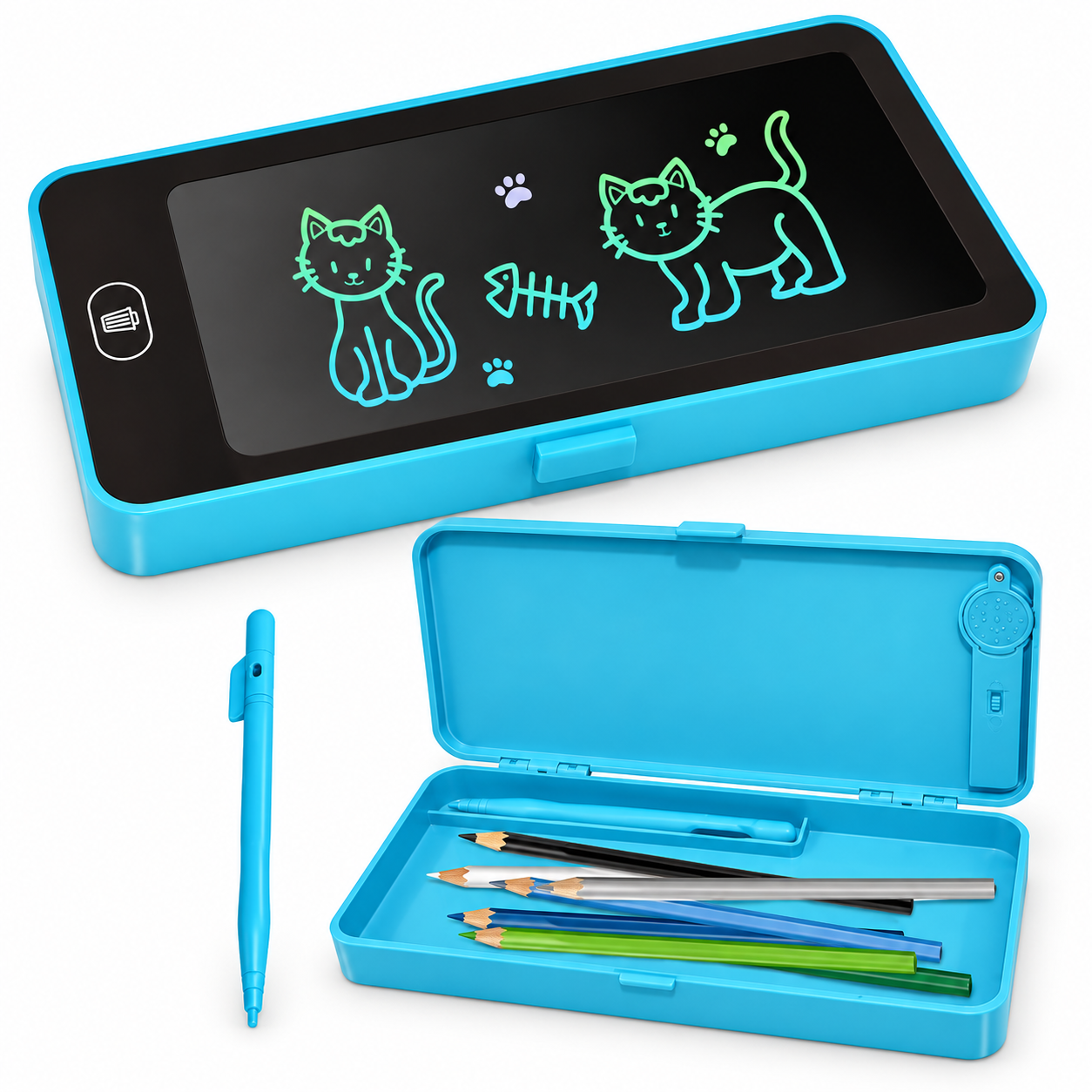 Blue 2-in-1 LCD writing tablet pencil box for kids with stylus